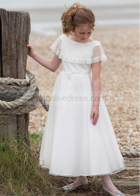 Ivory Organza Ankle Length Flower Girl Dress With Cape